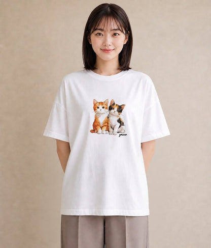 半袖Tシャツ レディース 子猫 猫 ねこ イラスト ガーリー 通勤 在宅 白T