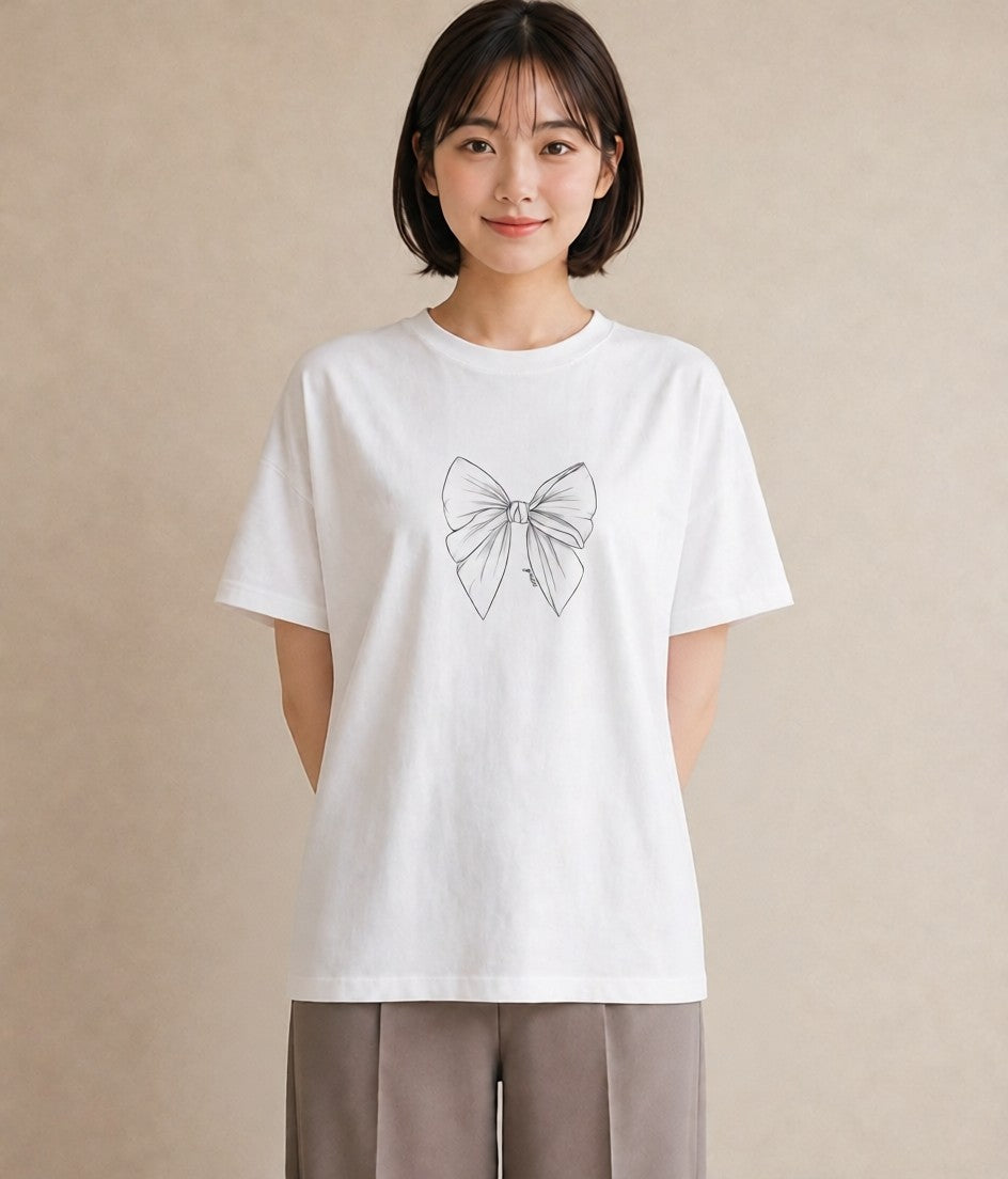 グラフィックTシャツ レディース リボン 蝶結び ナチュラル アンティーク イラスト 手描き風 散歩 お出かけ 白T