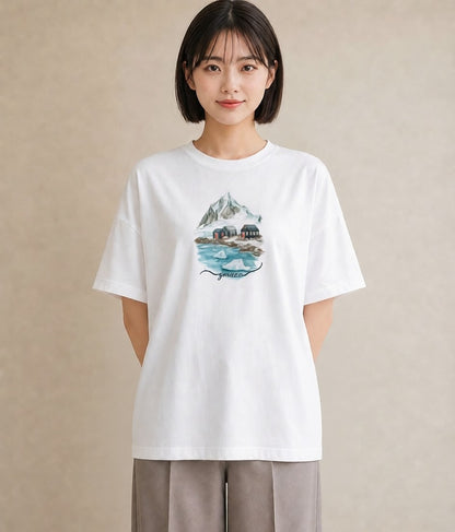 Tシャツ レディース 山 星空 宇宙 イラスト カジュアル カフェ巡り 女子会 白T