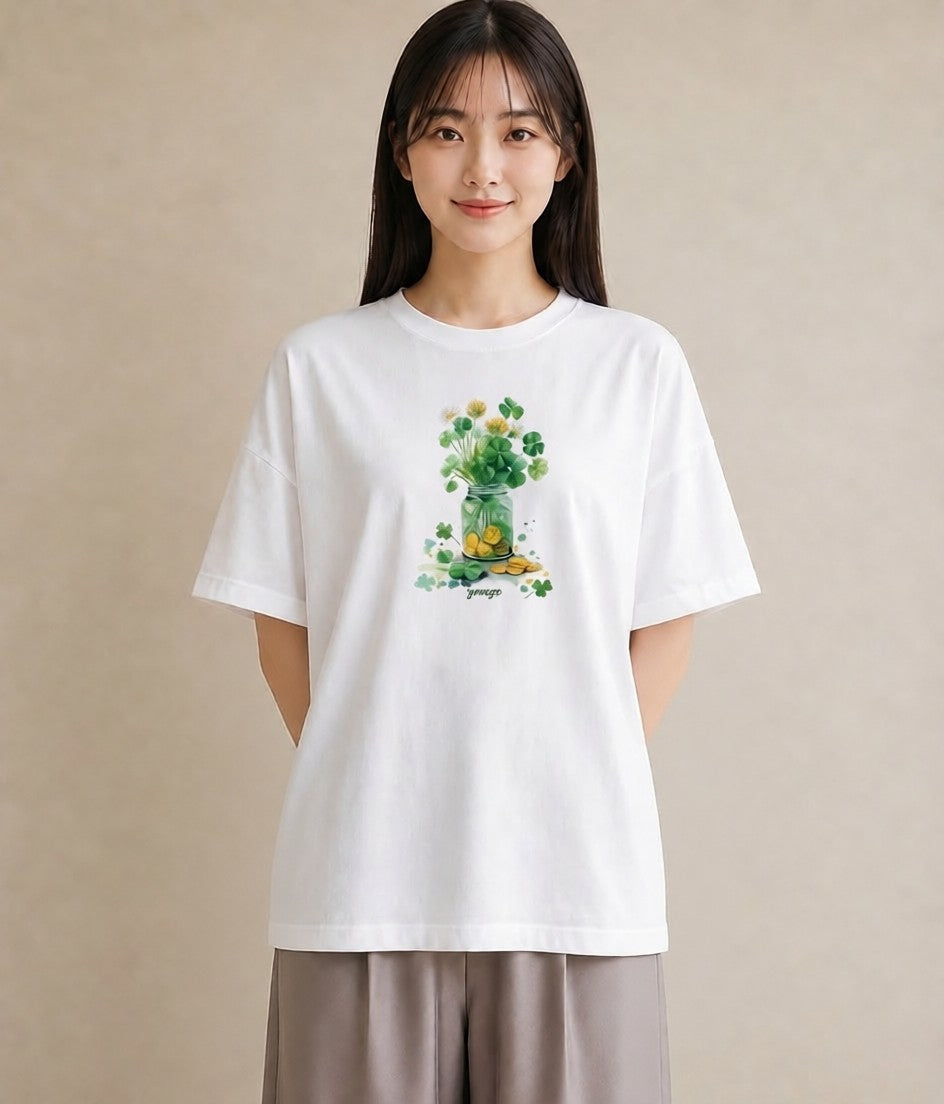 グラフィックTシャツ レディース クローバー 四つ葉 花 花柄 イラスト 旅行コーデ カフェ服 クリスマス 白T