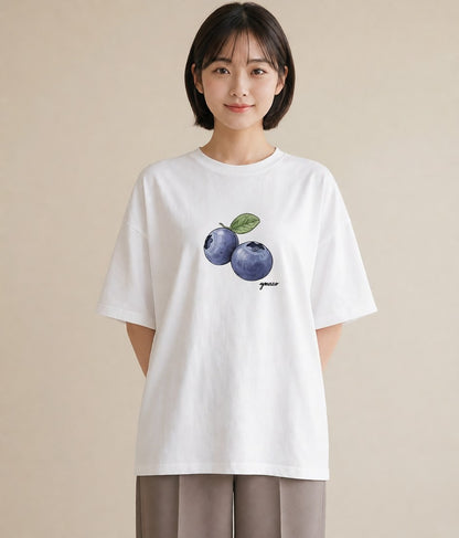 グラフィックTシャツ レディース ブルーベリー 食べ物 フード イラスト アート風 春服 ミセス 白T
