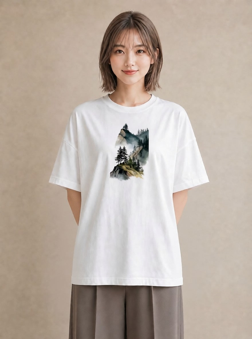 プリントTシャツ レディース 山 星空 宇宙 イラスト ラフ デイリーウェア 休日 白T