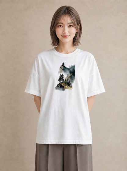 プリントTシャツ レディース 山 星空 宇宙 イラスト ラフ デイリーウェア 休日 白T