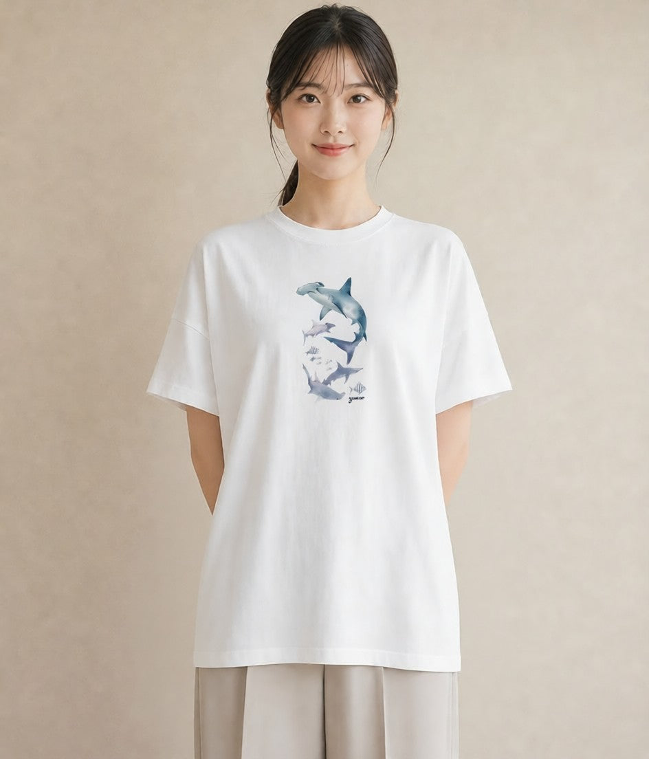 Tシャツ レディース サメ 海の生き物 海 イラスト きれいめ 母娘コーデ 自分用 白T