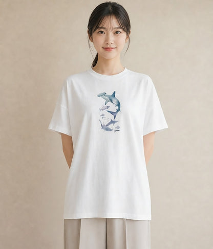 Tシャツ レディース サメ 海の生き物 海 イラスト きれいめ 母娘コーデ 自分用 白T