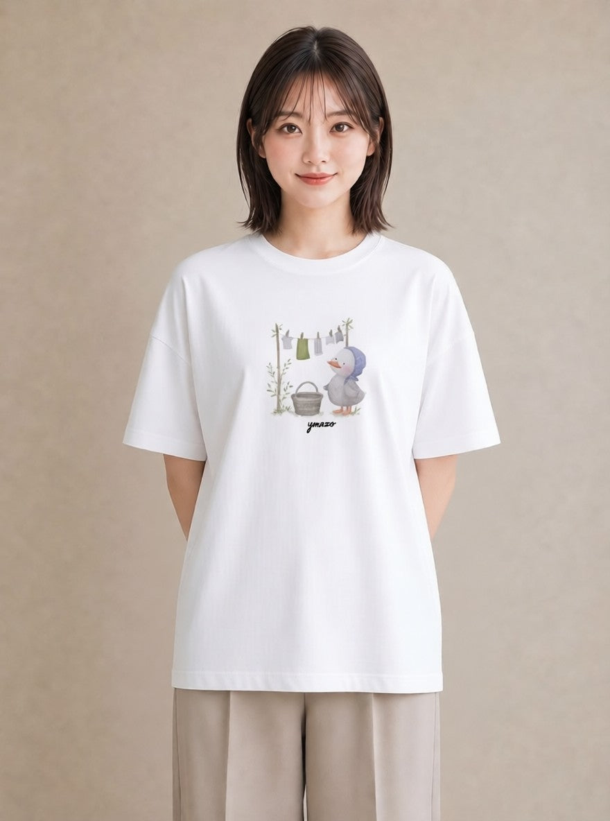 プリントTシャツ レディース 洗濯物 風 ナチュラル アンティーク イラスト 個性的 20代 カジュアルコーデ 白T