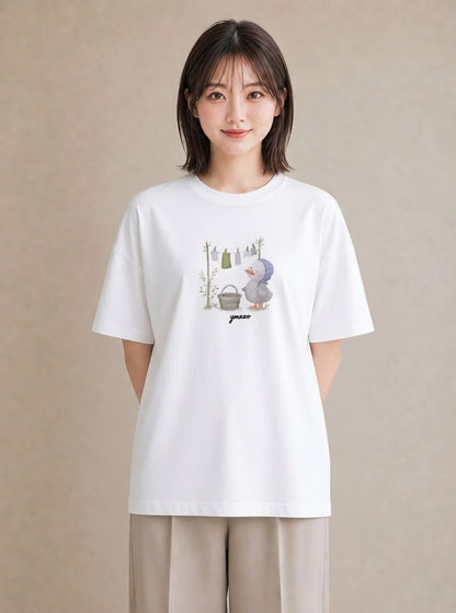 プリントTシャツ レディース 洗濯物 風 ナチュラル アンティーク イラスト 個性的 20代 カジュアルコーデ 白T