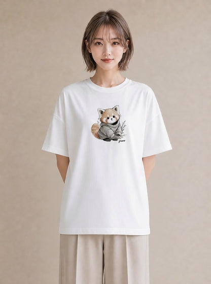 半袖Tシャツ レディース たぬき 動物 アニマル イラスト 旅行コーデ お出かけ 普段着 白T