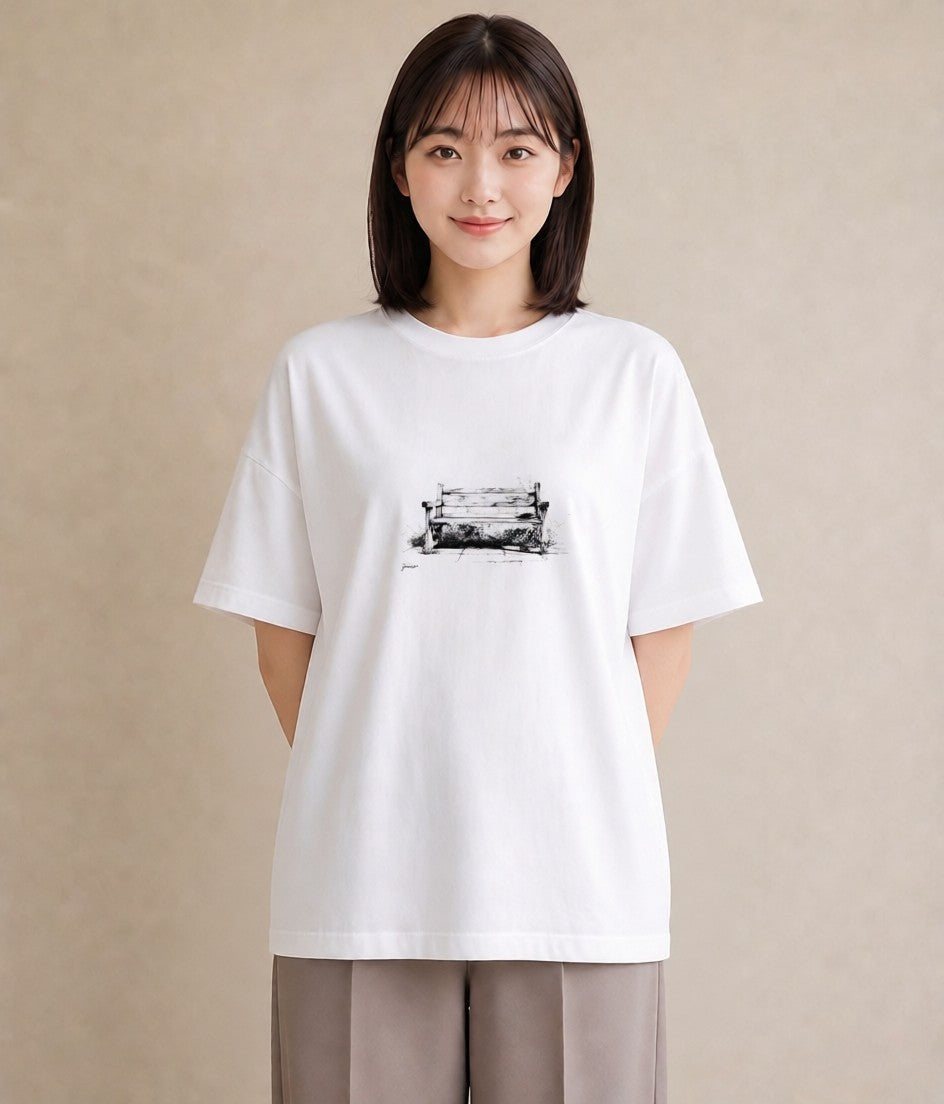 グラフィックTシャツ レディース 雨上がりのベンチ ベンチ ナチュラル アンティーク イラスト 北欧風 母娘コーデ 自分用 白T