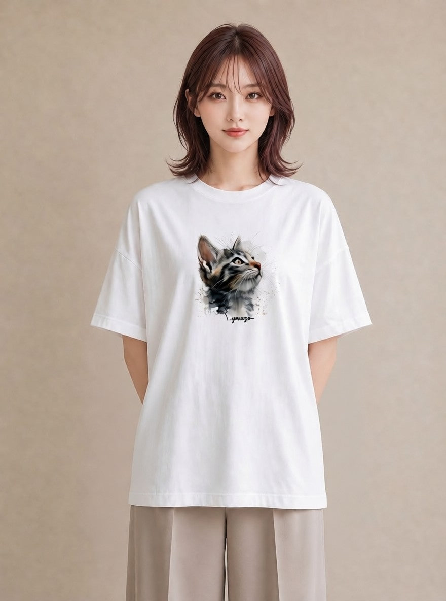 デザインTシャツ レディース 愛猫 猫 ねこ イラスト 韓国風 ミセス 春コーデ 白T