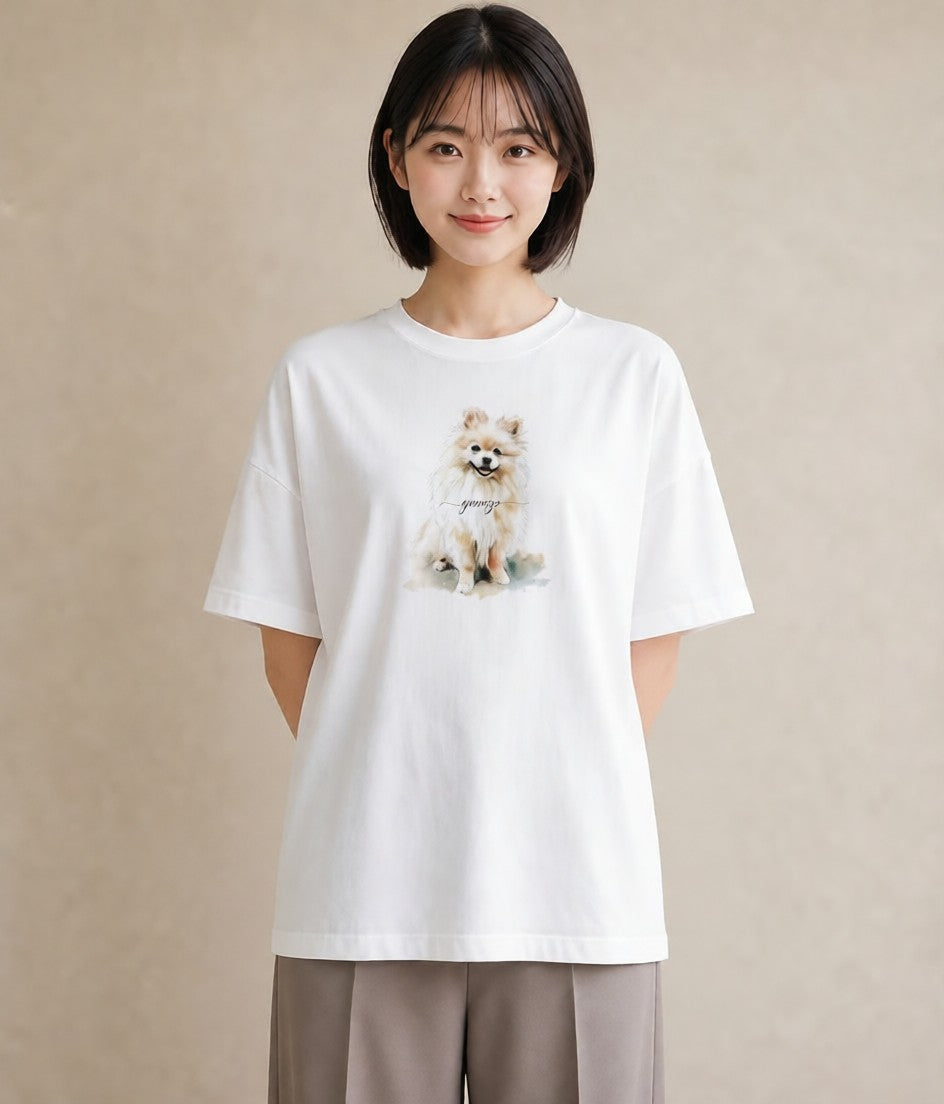プリントTシャツ レディース ポメラニアン ポメ 犬 いぬ イラスト きれいめカジュアル 自分用 ルームウェア 白T