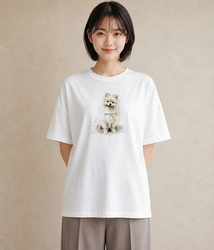 プリントTシャツ レディース ポメラニアン ポメ 犬 いぬ イラスト きれいめカジュアル 自分用 ルームウェア 白T