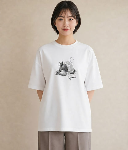 デザインTシャツ レディース いちご 苺 ストロベリー 食べ物 フード イラスト 線画 女子会 お揃い 白T
