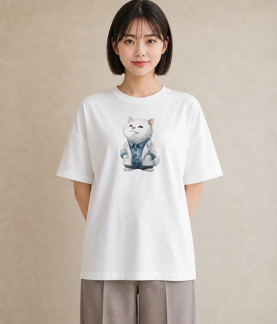 半袖Tシャツ レディース ペルシャ 猫 ねこ イラスト 抜け感 敬老の日 ホワイトデー 白T