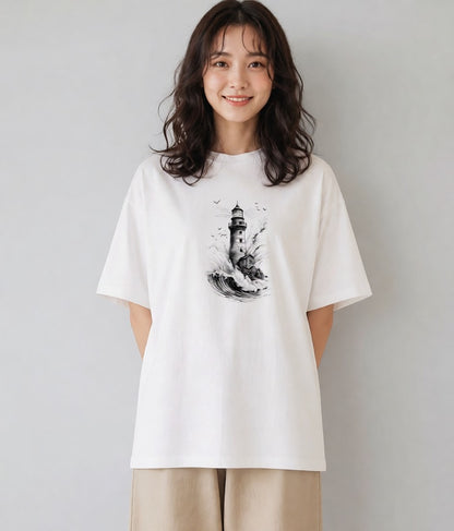 半袖Tシャツ レディース 灯台 霧 海 ナチュラル アンティーク イラスト お洒落 カフェ巡り 白T