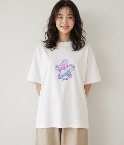 グラフィックTシャツ レディース 星 星空 宇宙 イラスト フェミニン 買い物 夏コーデ 白T