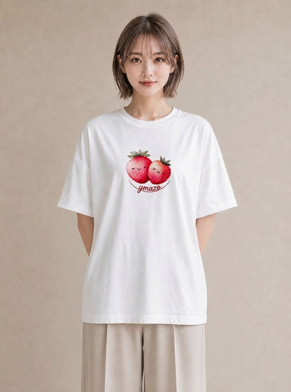 グラフィックTシャツ レディース いちご 苺 ストロベリー 食べ物 フード イラスト 抜け感 休日 ペアコーデ 白T