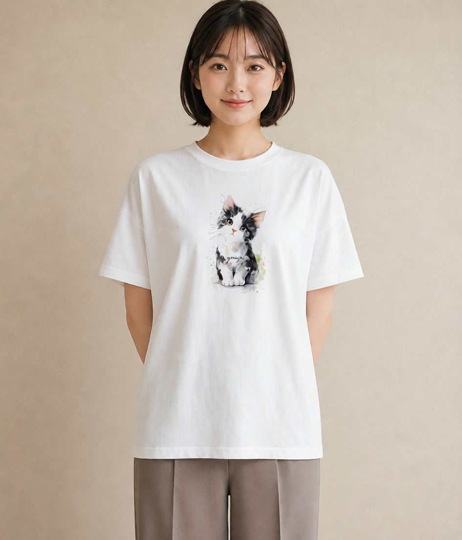 半袖Tシャツ レディース 猫 ねこ イラスト 北欧風 誕生日プレゼント 綿100 白T