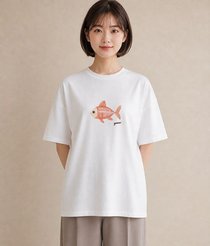デザインTシャツ レディース メダカ ペット 動物 イラスト ニュアンス デイリーウェア 休日 白T