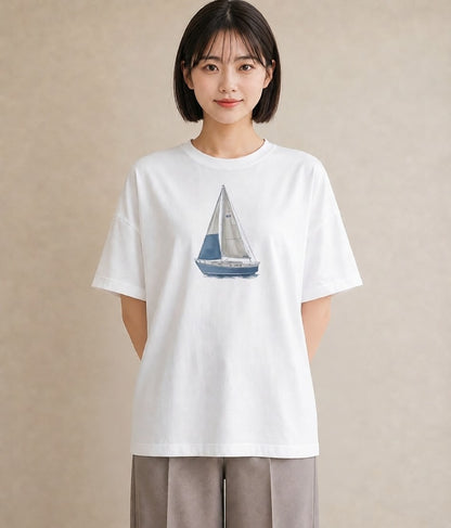 半袖Tシャツ レディース 紙の船 水辺 ナチュラル アンティーク イラスト フェミニン おしゃれギフト 社会人 白T