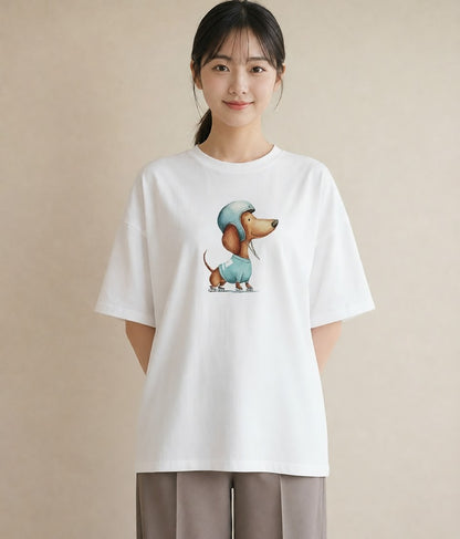 デザインTシャツ レディース ミニチュアダックスフンド 犬 いぬ イラスト カジュアルコーデ 買い物 白T