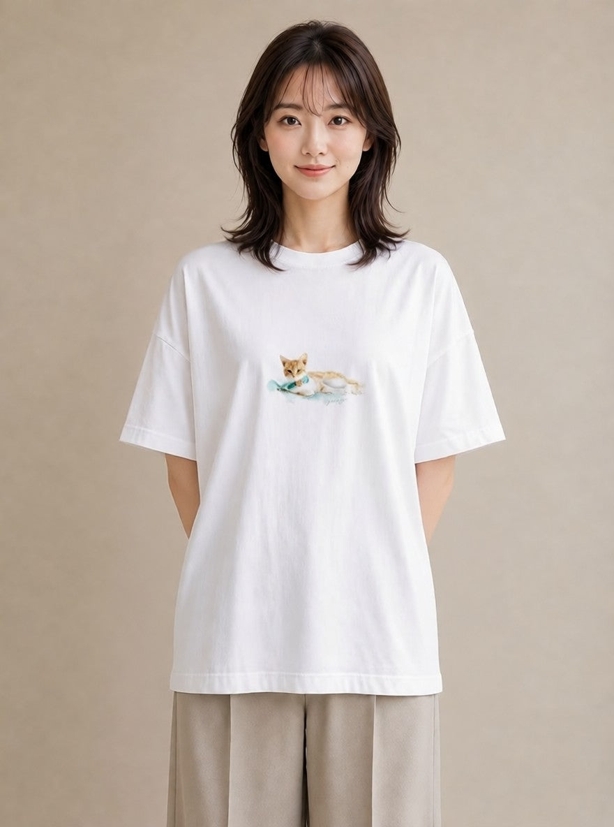 グラフィックTシャツ レディース 茶トラ 茶猫 猫 ねこ イラスト 個性的 買い物 夏コーデ 白T