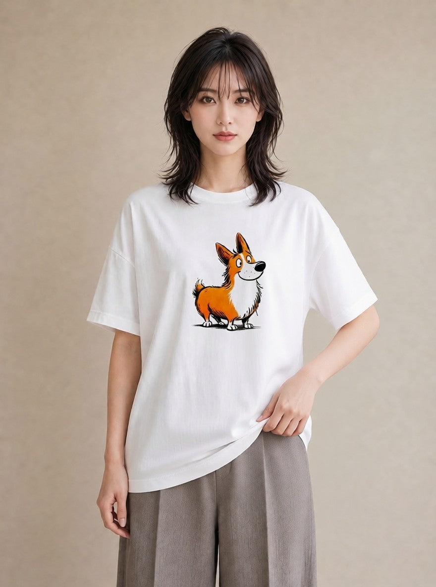 半袖Tシャツ レディース ウェルシュコーギー コーギー 犬 いぬ イラスト 上品 春服 ミセス 白T