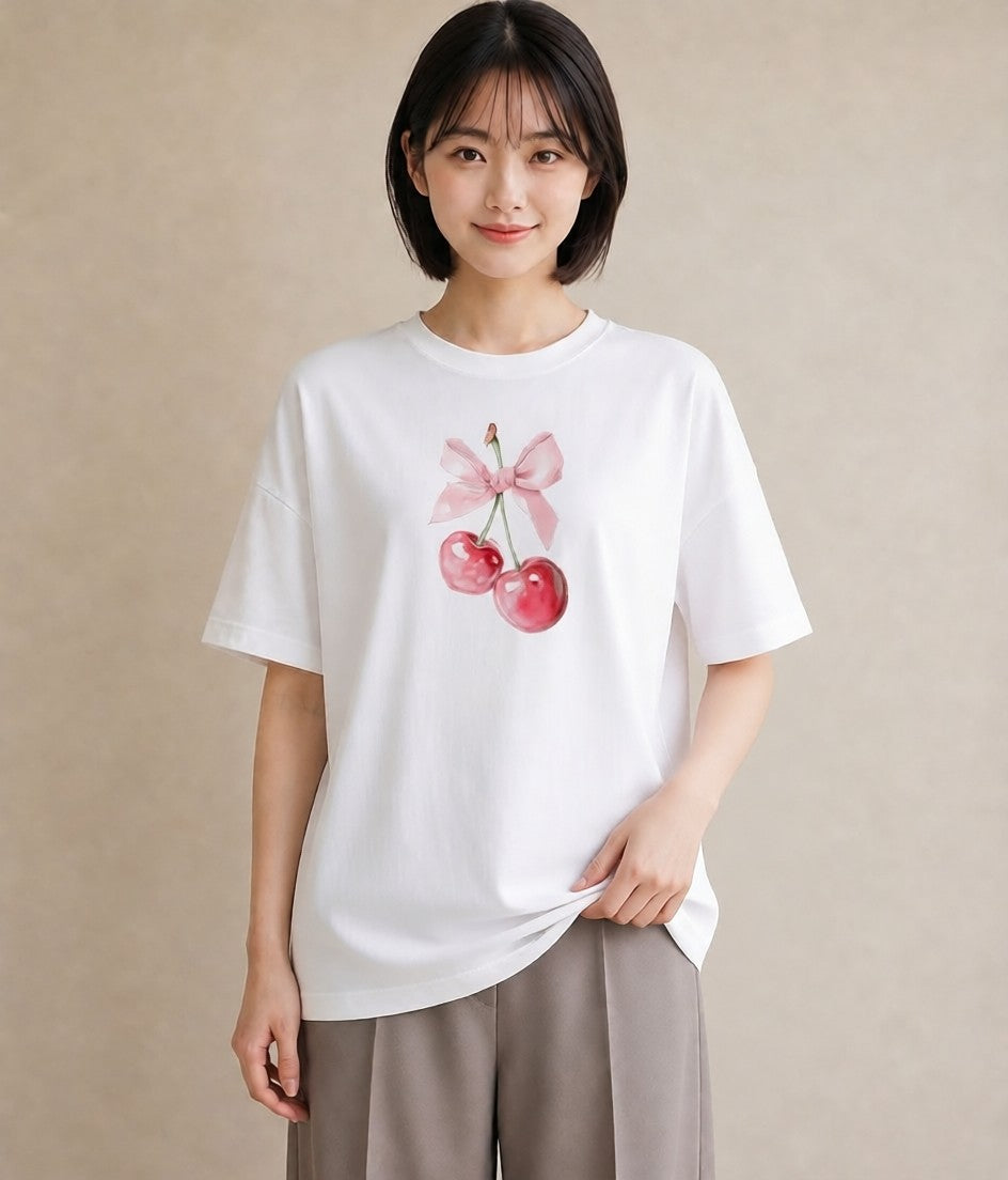 デザインTシャツ レディース さくらんぼ チェリー 食べ物 フード イラスト 20代 カジュアルコーデ 白T