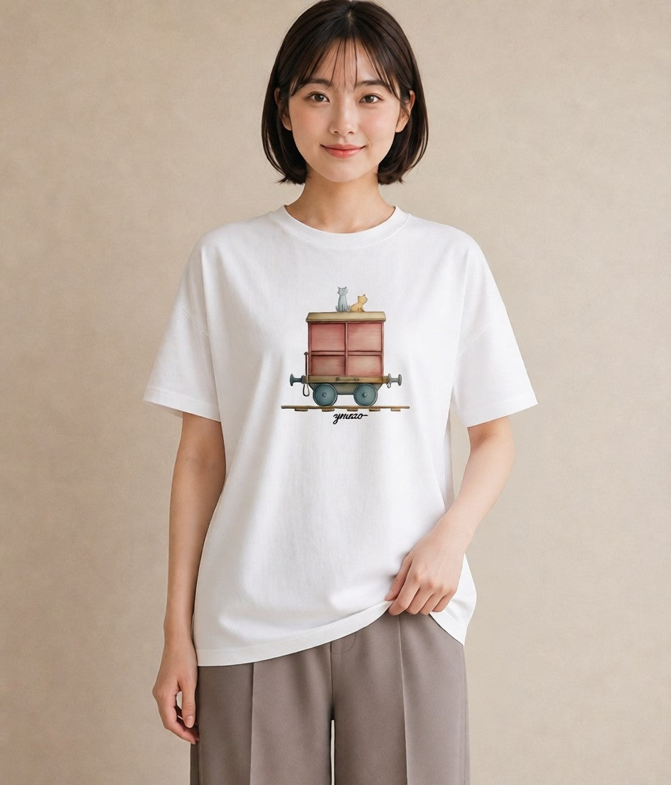 デザインTシャツ レディース 駅のホーム ローカル線 駅 ナチュラル アンティーク イラスト レトロ 20代 カジュアルコーデ 白T