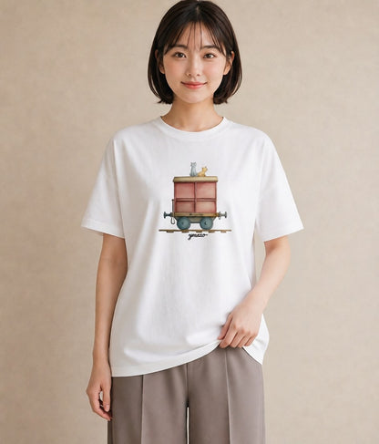 デザインTシャツ レディース 駅のホーム ローカル線 駅 ナチュラル アンティーク イラスト レトロ 20代 カジュアルコーデ 白T