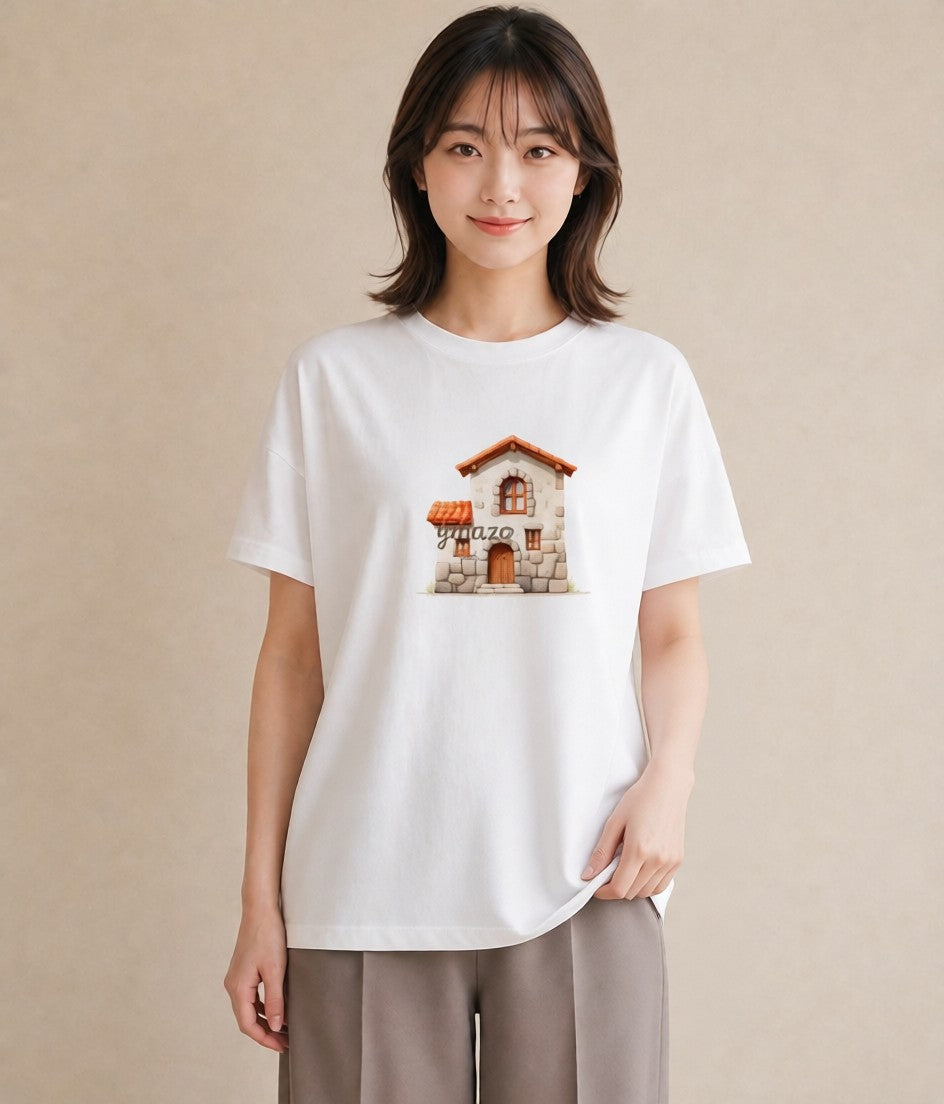 半袖Tシャツ レディース 湖畔の小屋 湖 小屋 ナチュラル アンティーク イラスト ボタニカル ミセス 春コーデ 白T