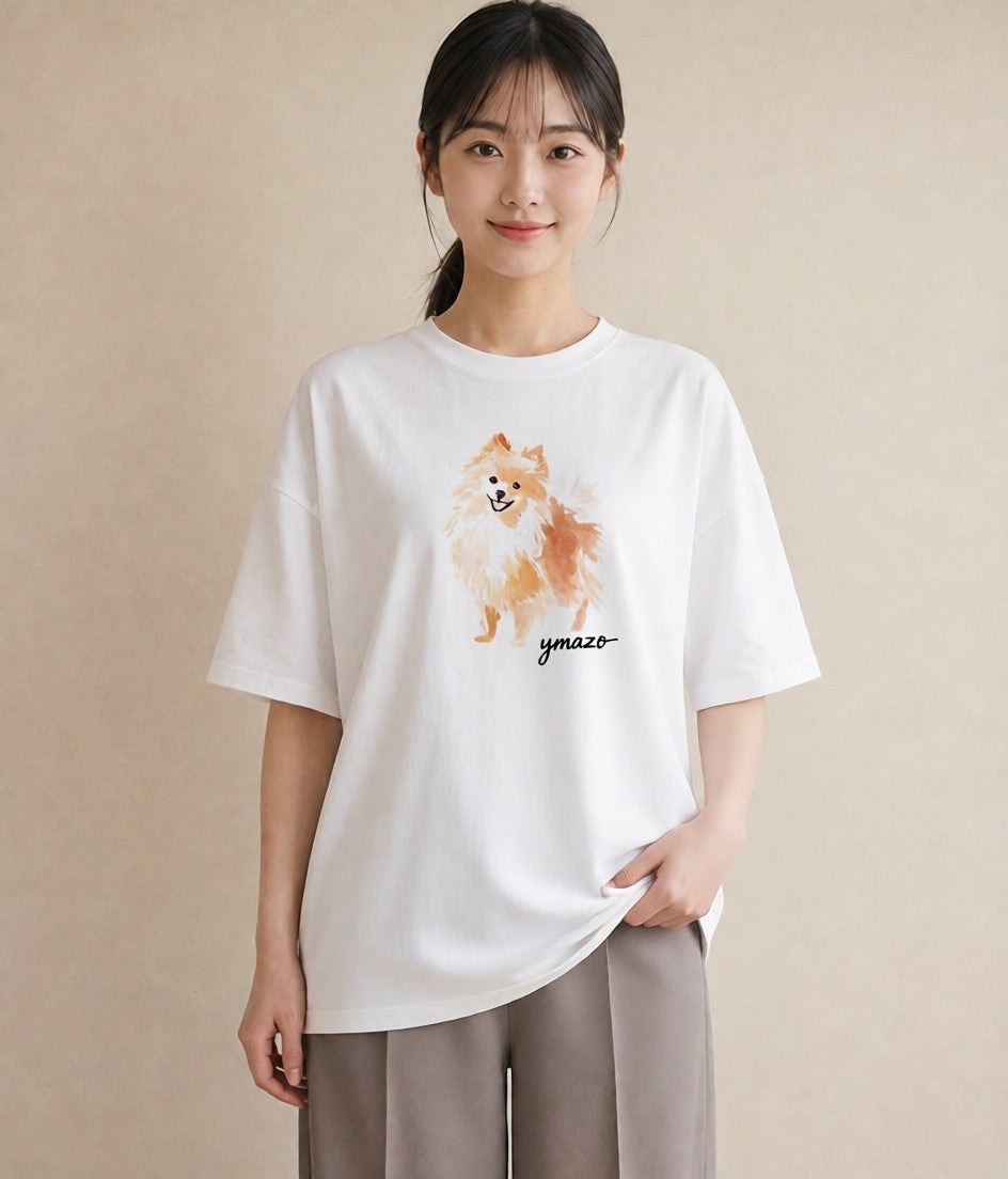 プリントTシャツ レディース ポメラニアン ポメ 犬 いぬ イラスト きれいめ 春服 ミセス 白T