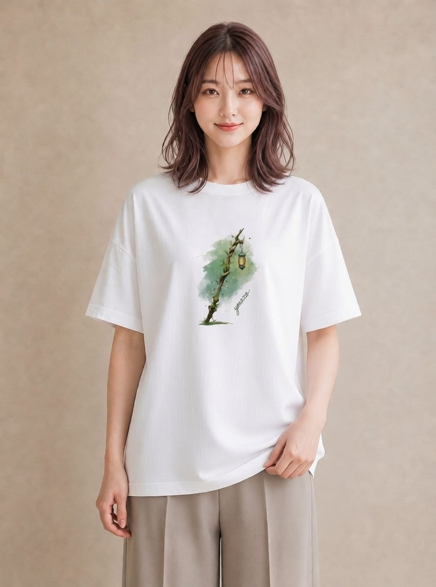 半袖Tシャツ レディース 街灯 夜霧 夜 ナチュラル アンティーク イラスト 旅行コーデ 旅行 母娘コーデ 白T