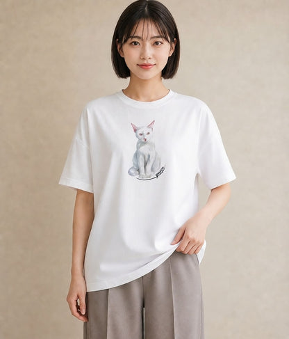 プリントTシャツ レディース 三毛猫 みけねこ 三毛 猫 ねこ イラスト ラフ デート 帰省 白T