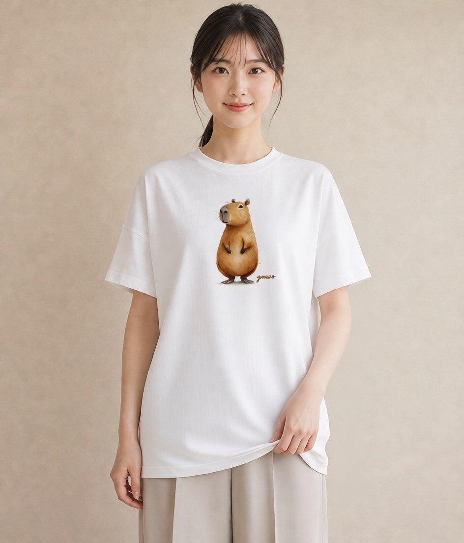 Tシャツ レディース カピバラ かぴばら 動物 アニマル イラスト 休日 ペアコーデ 白T