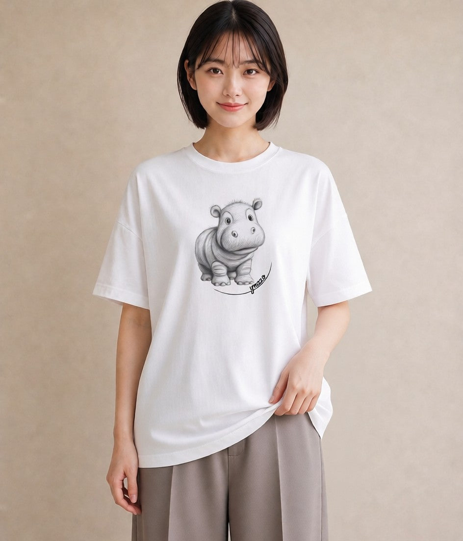 プリントTシャツ レディース カバ 動物 アニマル イラスト 水彩風 散歩 お出かけ 白T