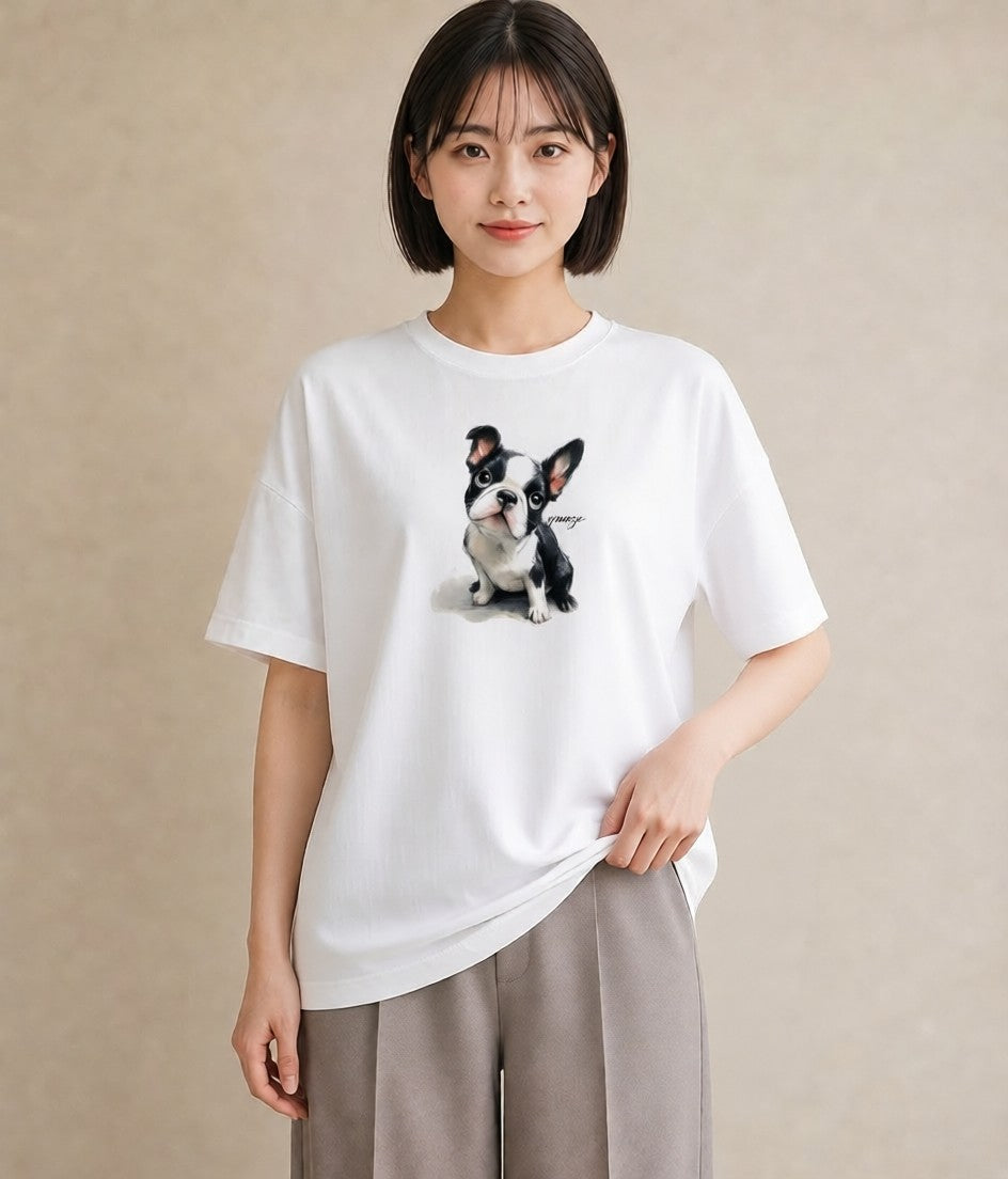 Tシャツ レディース ボストンテリア 犬 いぬ イラスト お洒落 ペアコーデ 秋コーデ 白T