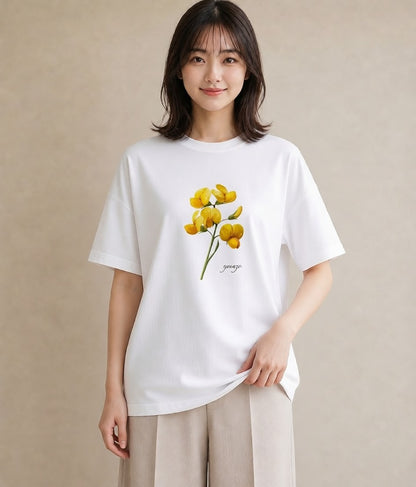 デザインTシャツ レディース ミモザ 花 花柄 イラスト こなれ感 誕生日プレゼント 綿100 白T