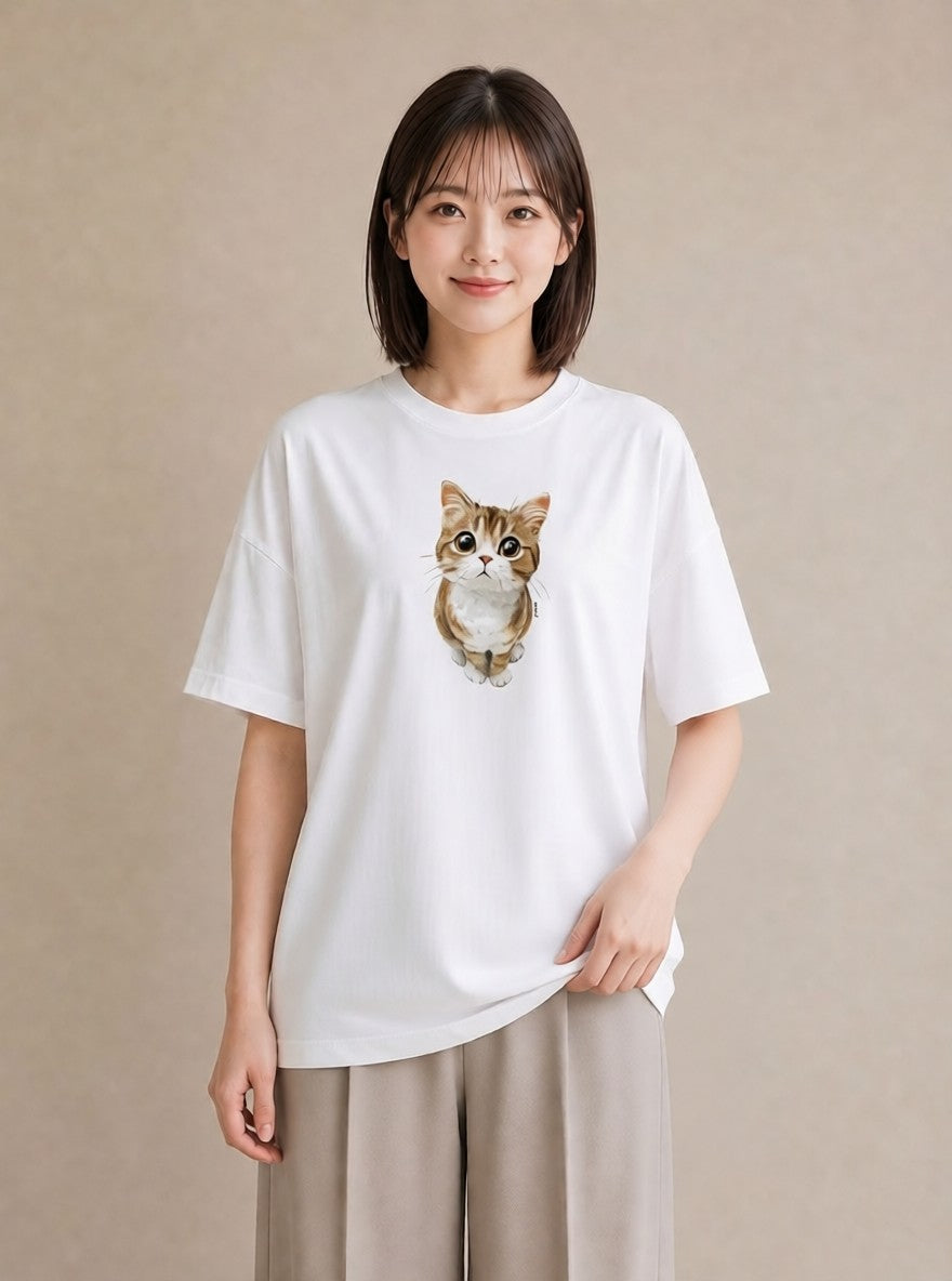 プリントTシャツ レディース 茶トラ 茶猫 猫 ねこ イラスト 旅行コーデ お出かけ 普段着 白T
