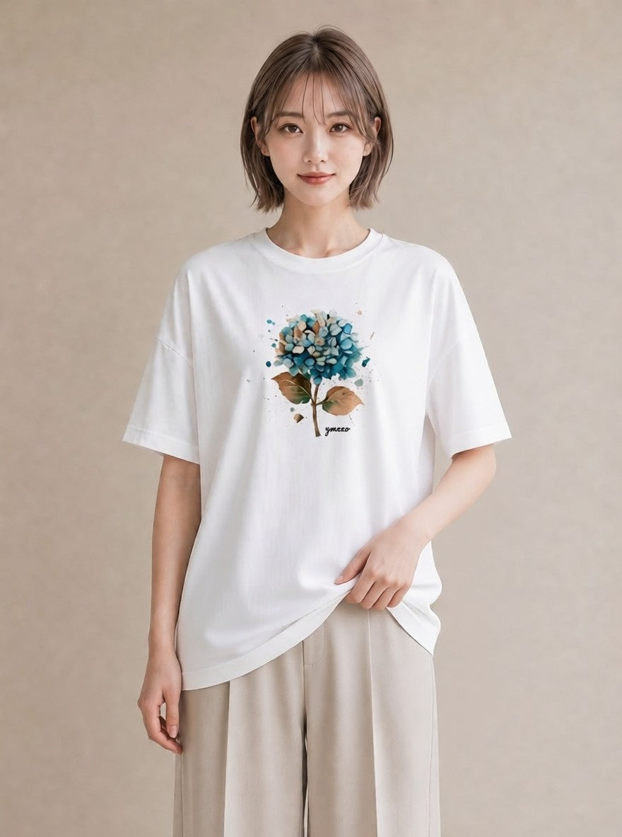 デザインTシャツ レディース あじさい 紫陽花 アジサイ 花 花柄 イラスト お洒落 カフェ服 クリスマス 白T