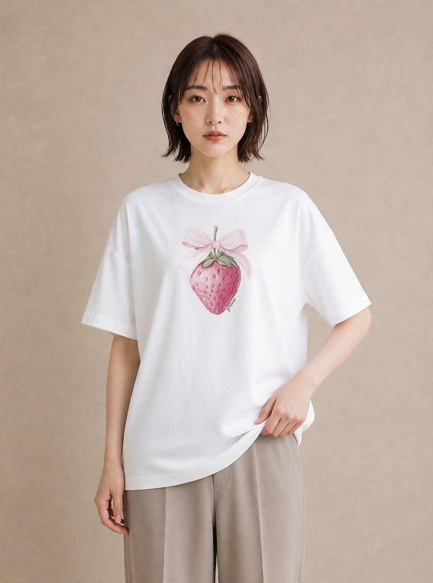 Tシャツ レディース いちご 苺 ストロベリー 食べ物 フード イラスト ミニマル ホワイトデー 春服 白T