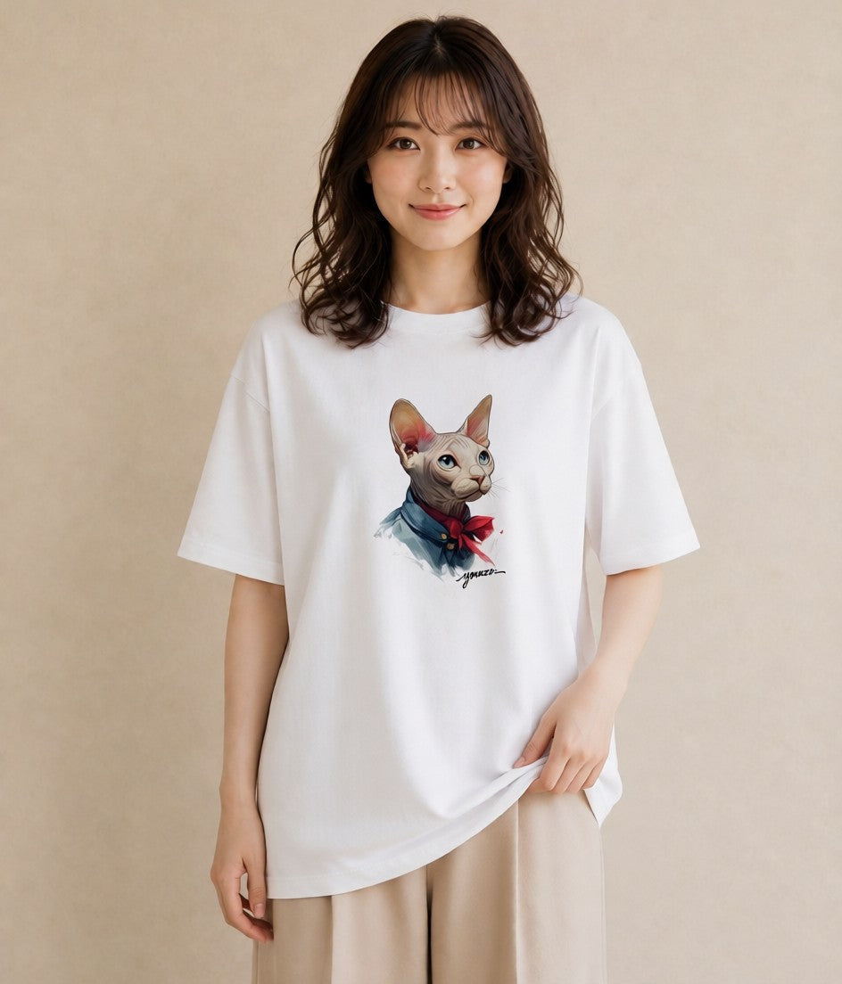 デザインTシャツ レディース スフィンクス 猫 ねこ イラスト 淡色 カフェ服 クリスマス 白T