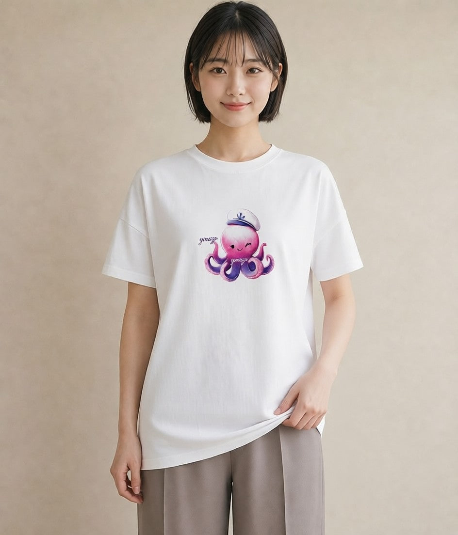 デザインTシャツ レディース タコ 海の生き物 海 イラスト カフェコーデ 休日 ペアコーデ 白T