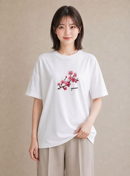 デザインTシャツ レディース 梅 花 花柄 イラスト 線画 ラフ レイヤード 白T