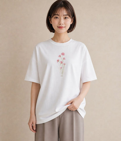 Tシャツ レディース ミモザ 花 花柄 イラスト 韓国風 カジュアルコーデ 買い物 白T
