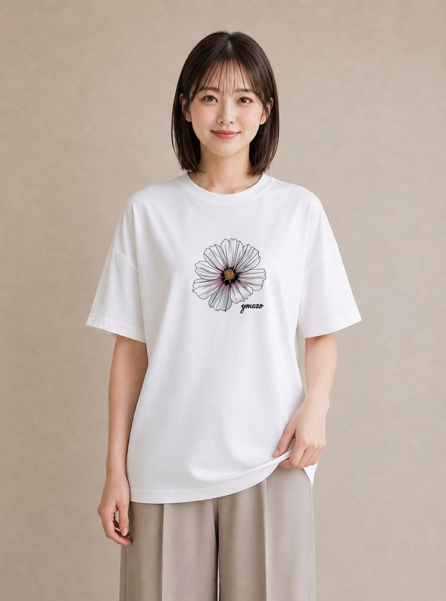 半袖Tシャツ レディース デイジー 花 花柄 イラスト ミニマル 海 カフェ巡り 白T
