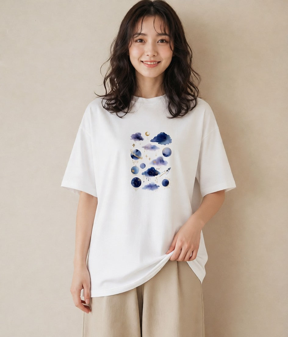 プリントTシャツ レディース 宇宙 星空 イラスト 韓国風 在宅 公園 白T
