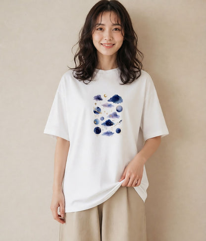 プリントTシャツ レディース 宇宙 星空 イラスト 韓国風 在宅 公園 白T