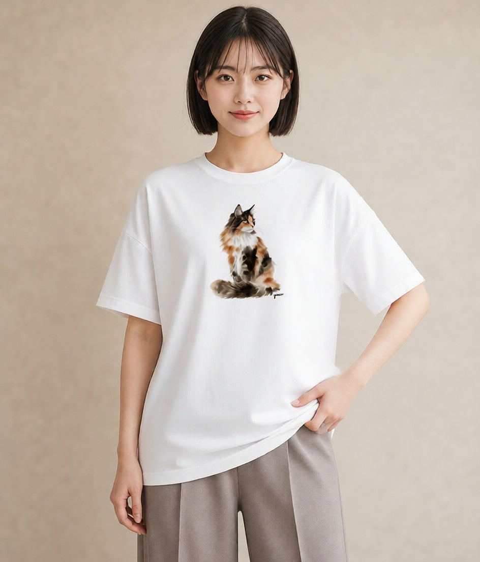 Tシャツ レディース ぶち猫 猫 ねこ イラスト 手描き風 普段着 週末コーデ 白T