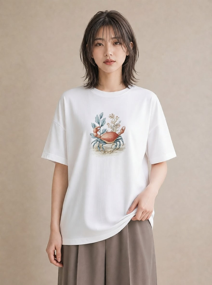 Tシャツ レディース カニ 海の生き物 海 イラスト ユニーク 女性向けギフト 散歩 白T